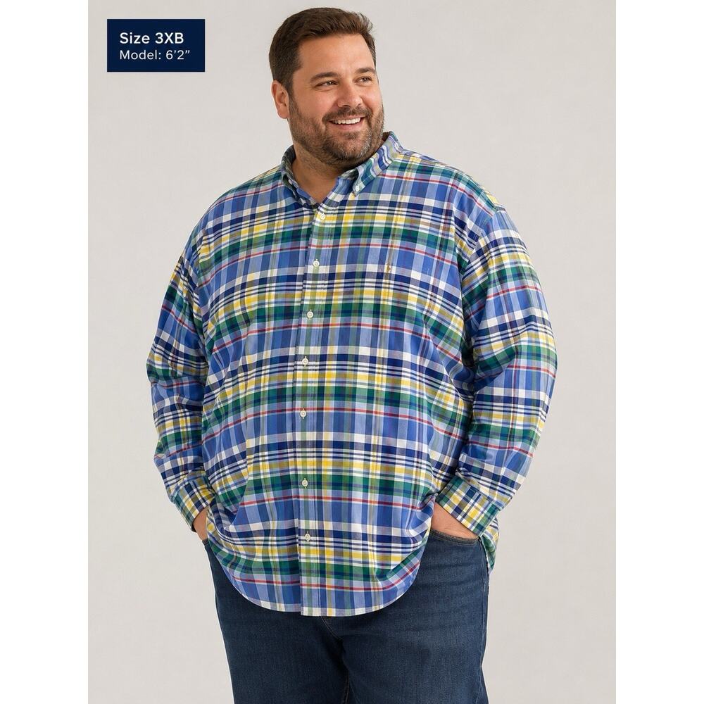 NEW Ralph Lauren Shirt Men's 3XB Button Down Blue Plaid 100% Cotton Polo Pony
